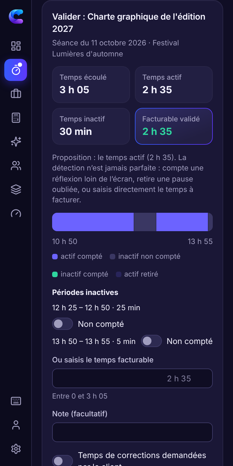 Validation d’une séance : temps écoulé, actif, inactif et facturable validé, frise des pauses